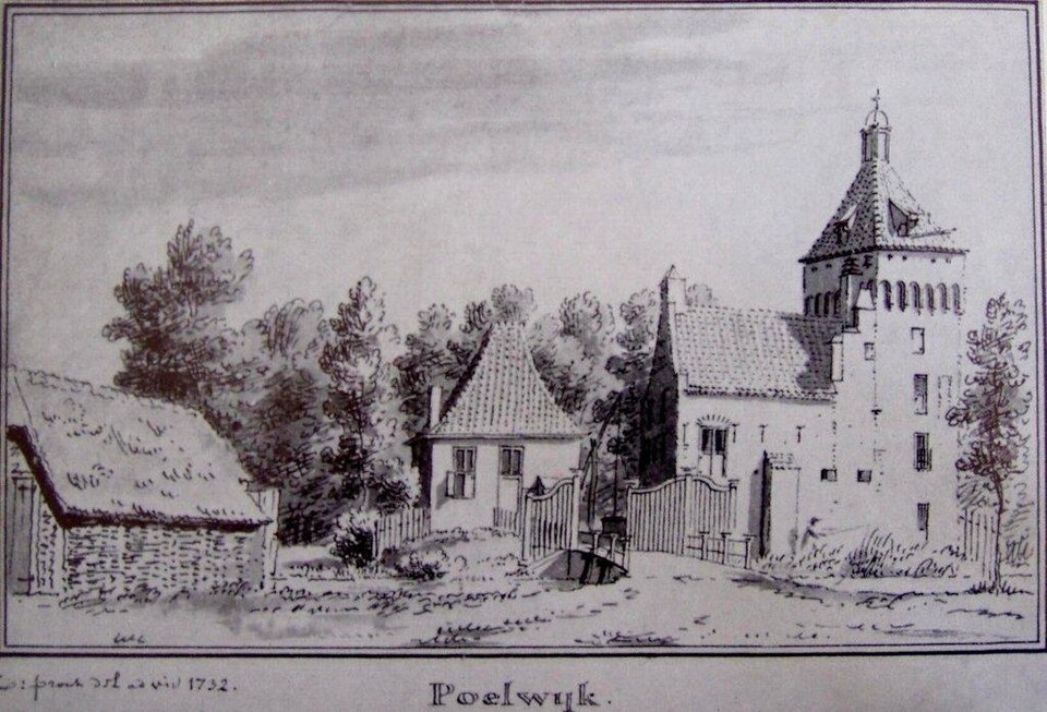 Tekening van Cornelis Pronk uit 1732 van huis Poelwijk met poorttoren